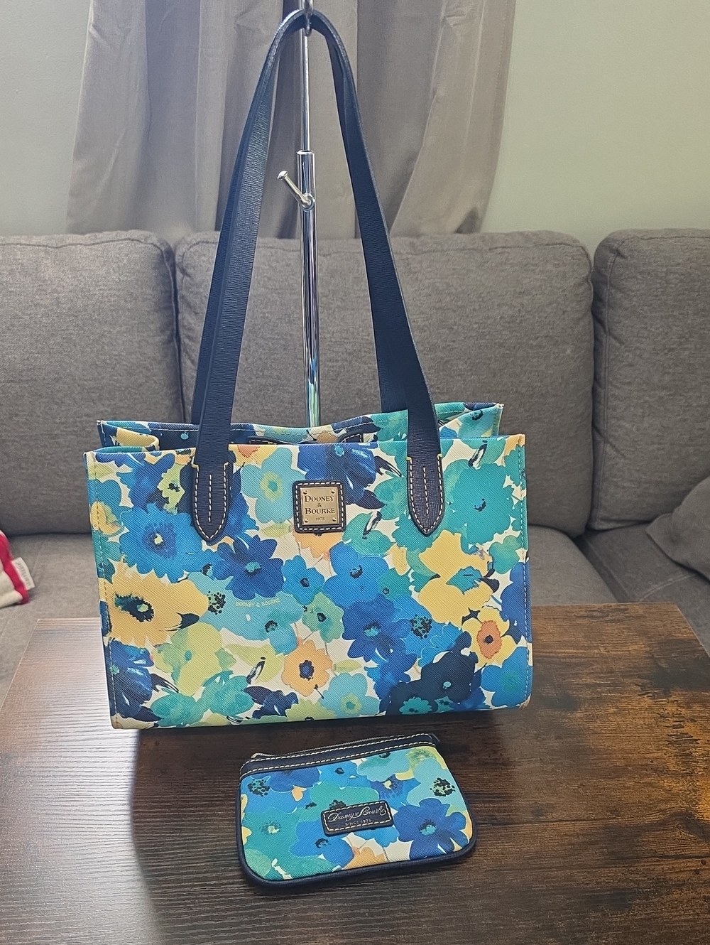 Dooney & Bourke Blue Multi Floral Tote with Navy Straps